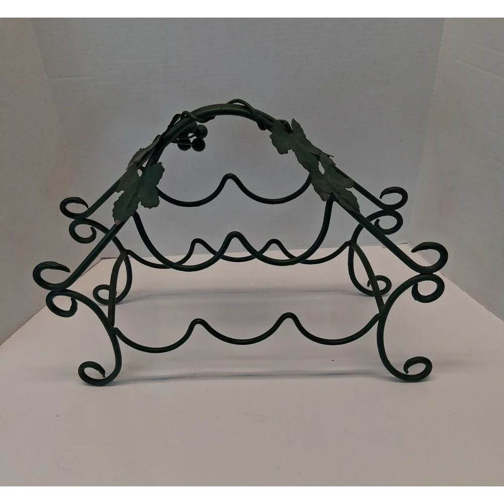 VTG Metal Grapevine Wine Rack Holder 5 Bottle Green Scrollwork Tabletop 1990s